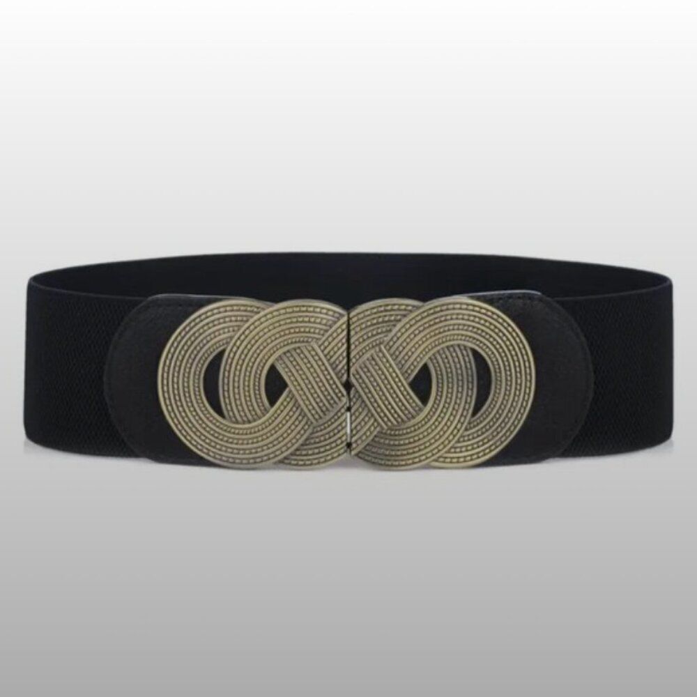 Black Elastic Waist Belt with Decorative Gold Knot Buckle